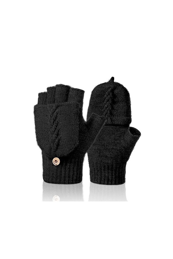 Kiiwah Gants dhiver Mitaine Gants Demi-doigts en Tricot Gants avec Couverture pour Femme Homme Noir Torsadé 