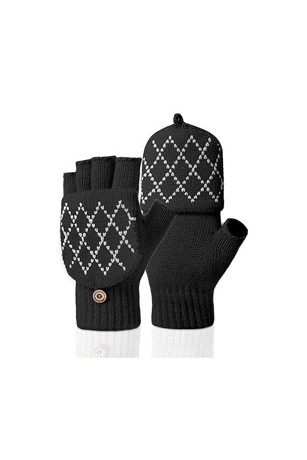 Kiiwah Gants dhiver Mitaine Gants Demi-doigts en Tricot Gants avec Couverture pour Femme Homme Noir Torsadé 