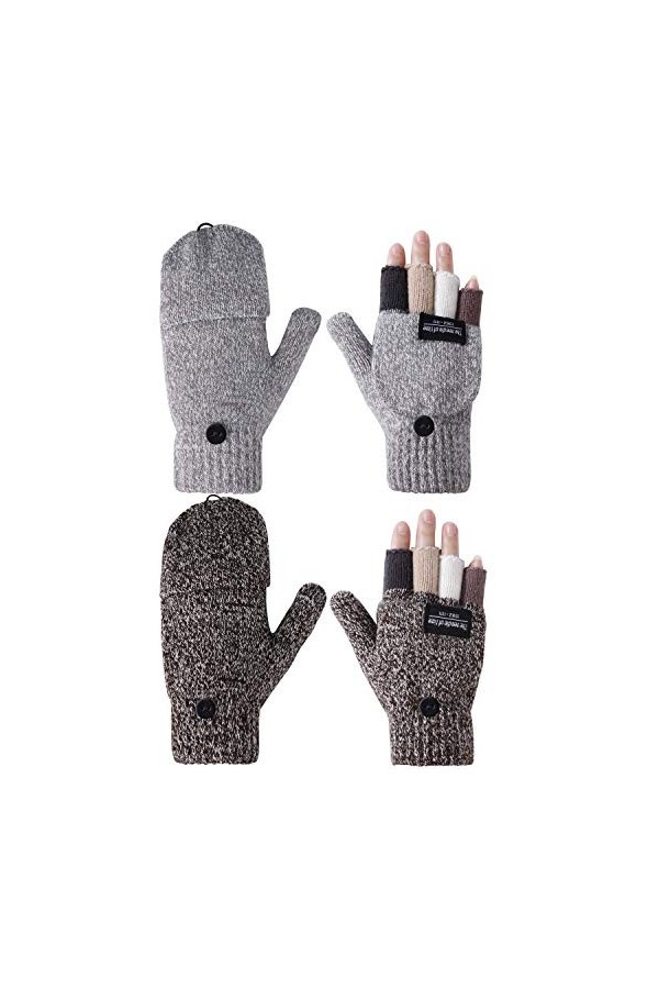 Gants pour Femmes 2 Paires Hommes dHiver Convertibles Moufles Tricotés Demi-Doigts Couverture pour Conduire Dactylographie S