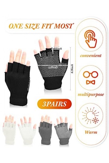 3 Paires Gants Demi-Doigts Antidérapants Mitaines Sans Doigts Unisexes en Tricot pour Hiver Noir, Blanc, Gris 