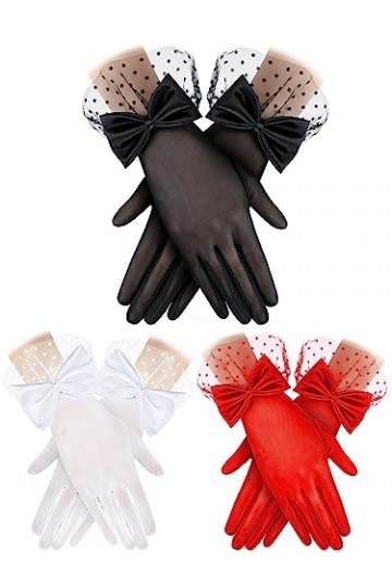 Geyoga 3 Paires Gants en Dentelle avec Nœud Femme Gants de Fête de Thé Gants Gothiques de Mariage en Soie pour Halloween