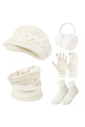 Niwicee Femme Hiver Chaud 5pcs Tricotés Ensemble dhiver Bonnet Gants Oreilles Longue Echarpe Chaussettes Accessoires Chauds 