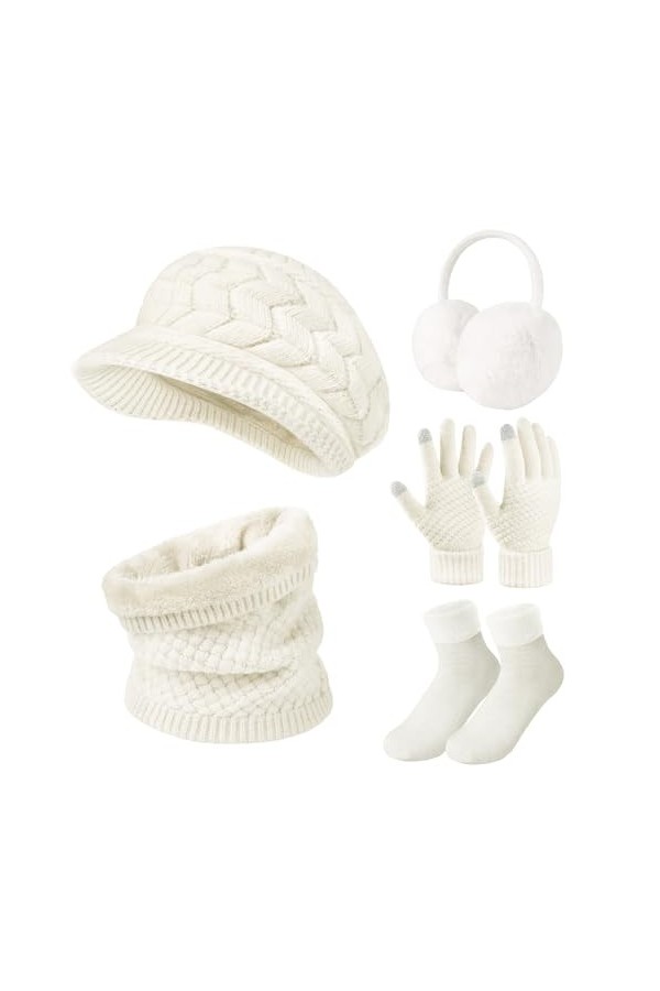 Niwicee Femme Hiver Chaud 5pcs Tricotés Ensemble dhiver Bonnet Gants Oreilles Longue Echarpe Chaussettes Accessoires Chauds 