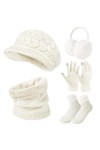 Niwicee Femme Hiver Chaud 5pcs Tricotés Ensemble dhiver Bonnet Gants Oreilles Longue Echarpe Chaussettes Accessoires Chauds 