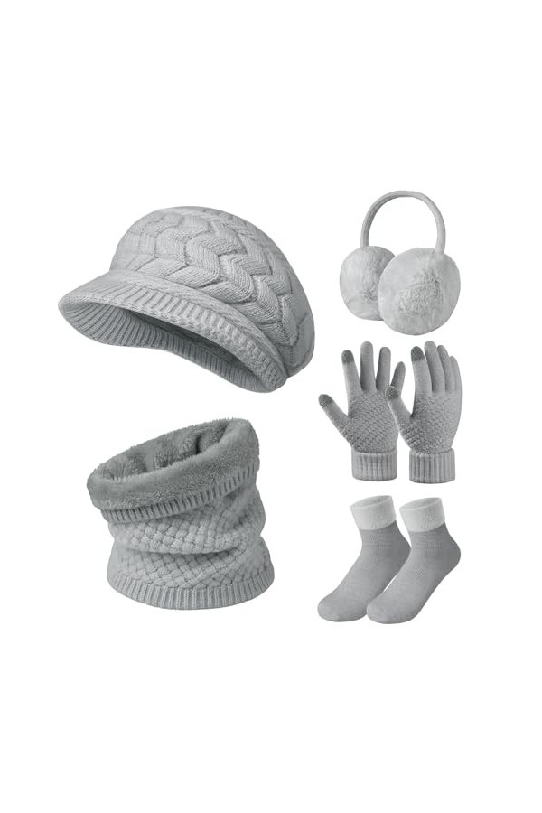 Niwicee Femme Hiver Chaud 5pcs Tricotés Ensemble dhiver Bonnet Gants Oreilles Longue Echarpe Chaussettes Accessoires Chauds 