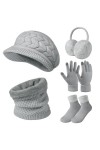 Niwicee Femme Hiver Chaud 5pcs Tricotés Ensemble dhiver Bonnet Gants Oreilles Longue Echarpe Chaussettes Accessoires Chauds 