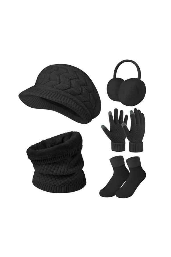Niwicee Femme Hiver Chaud 5pcs Tricotés Ensemble dhiver Bonnet Gants Oreilles Longue Echarpe Chaussettes Accessoires Chauds 