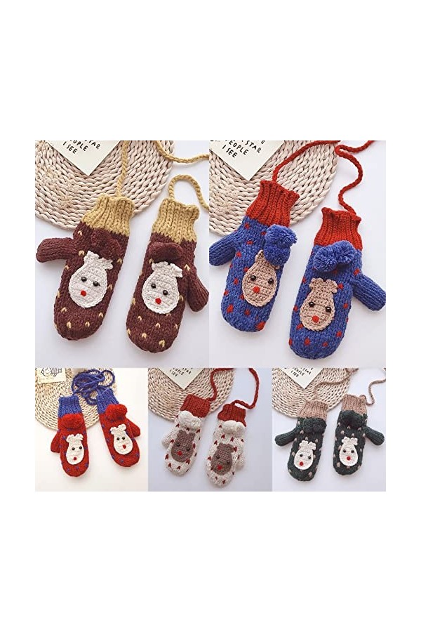 KieTeiiK Moufles tricotées doublées en polaire avec ficelle - Gants de Noël - Motif animal de dessin animé - Moufles dhiver,