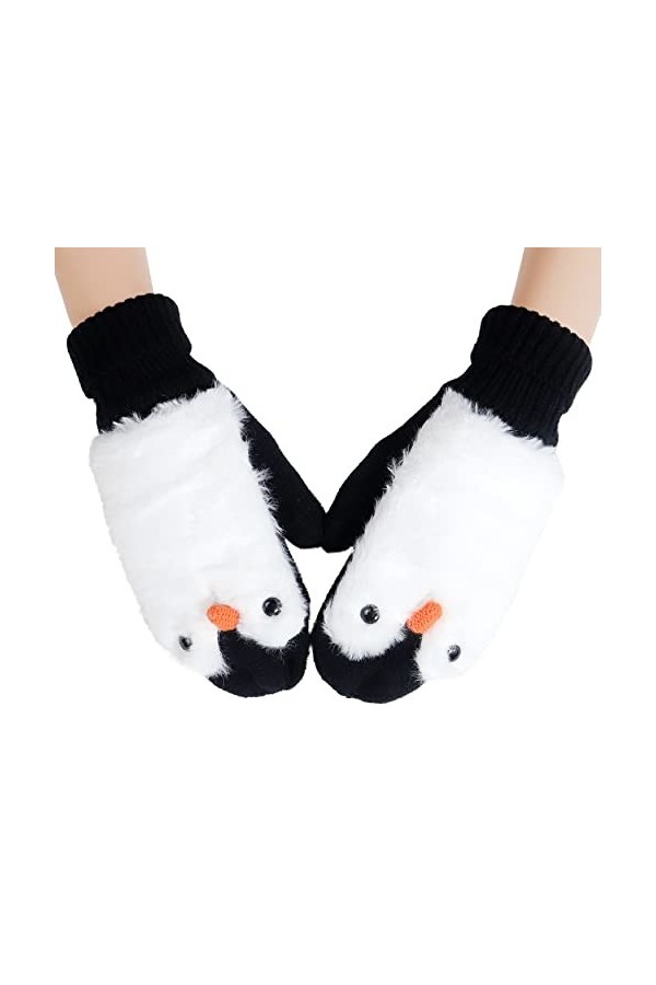 Moufles dhiver à double couche épaisses et chaudes en tricot avec motif hérisson de dessin animé, noir/blanc, taille unique