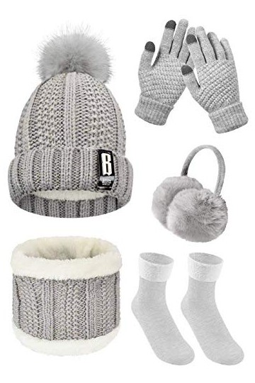 Tuopuda 5 Pièces Ensemble Femme Hiver Bonnet Écharpe Gants Cache-Oreilles Chaussettes Chaude Confortable Gris 