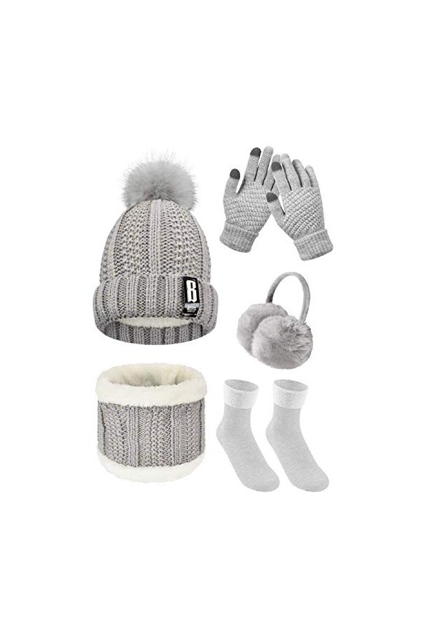 Tuopuda 5 Pièces Ensemble Femme Hiver Bonnet Écharpe Gants Cache-Oreilles Chaussettes Chaude Confortable Gris