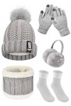 Tuopuda 5 Pièces Ensemble Femme Hiver Bonnet Écharpe Gants Cache-Oreilles Chaussettes Chaude Confortable Gris 
