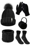 Tuopuda 5 Pièces Ensemble Femme Hiver Bonnet Écharpe Gants Cache-Oreilles Chaussettes Chaude Confortable Gris 
