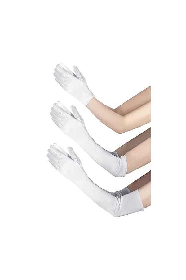 3 Paires de Gants en Satin Blanc Courts pour Fête Mariage Soirée Opéra, M et L