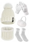 Tuopuda 5 Pièces Ensemble Femme Hiver Bonnet Écharpe Gants Cache-Oreilles Chaussettes Chaude Confortable Gris 