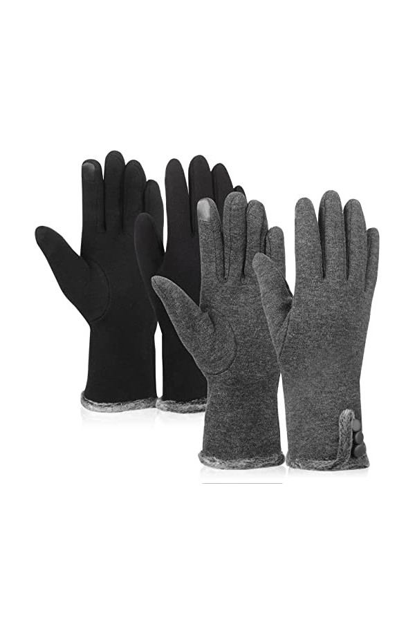 2 Paires Gants Hiver Chauds de Textos à Écran Tactile Coupe-Vent Mitaines de Téléphone Sport Doigts Complets, Noir et Gris