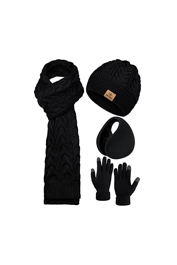 URATOT Lot de 4 bonnets, écharpes, gants, cache-oreilles pour homme ou femme, noir, Medium