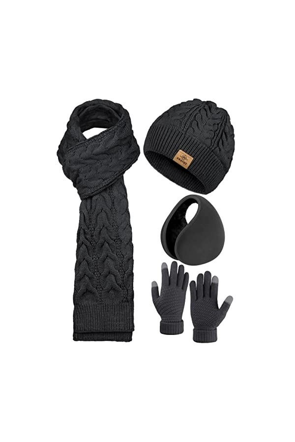 URATOT Lot de 4 bonnets, écharpes, gants, cache-oreilles pour homme ou femme, noir, Medium