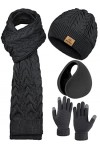 URATOT Lot de 4 bonnets, écharpes, gants, cache-oreilles pour homme ou femme, noir, Medium