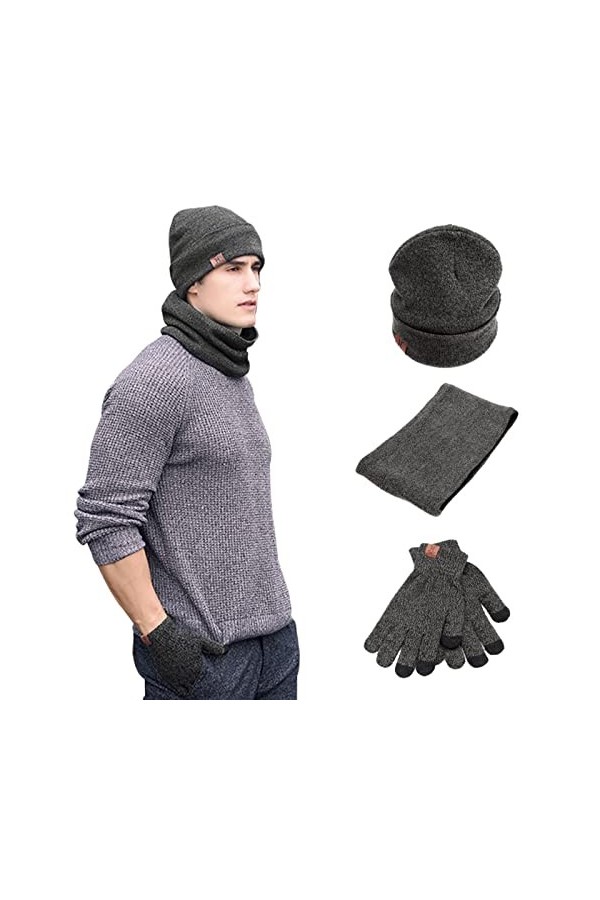 Acxilexy Tricoté Dhiver Bonnet avec écharpe et Gants pour Homme et Femme, Bonnet Écharpe Tube Et Gants à écran Tactile avec 