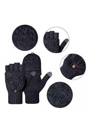 Loritta Gants dhiver chauds en laine tricotée, mitaines à rabat pour femme, noir, Large