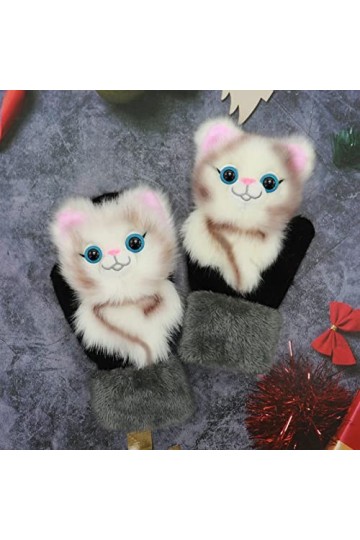 Tuelaly 1 paire de gants épais pour femme, motif animal de dessin animé 3D, gants chauds doublés en polaire, moufles pour le