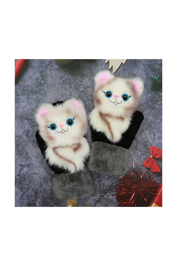 Tuelaly 1 paire de gants épais pour femme, motif animal de dessin animé 3D, gants chauds doublés en polaire, moufles pour le