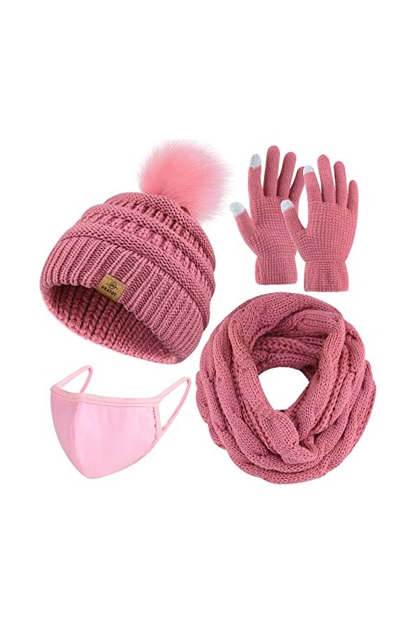 URATOT Ensemble dhiver chaud tricoté avec bonnet, écharpe, masque facial et gants pour écran tactile pour homme et femme, ro