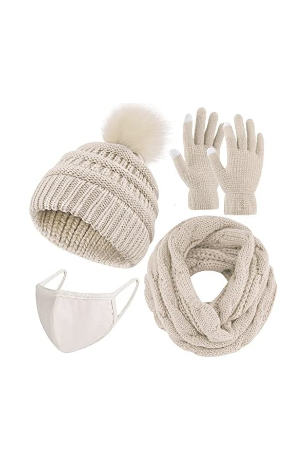URATOT Ensemble dhiver chaud tricoté avec bonnet, écharpe, masque facial et gants pour écran tactile pour homme et femme, ro