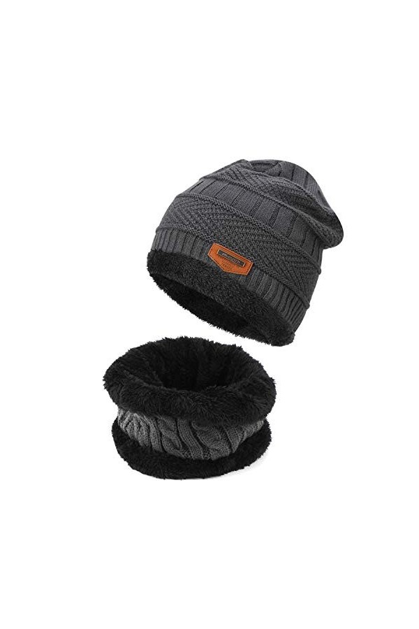 TAGVO Hiver Bonnet Chapeau Écharpe Ensemble Tricot Doublure Molleton Polaire Doux Chaud,Beanie Cap Élastique en Laine Épais C