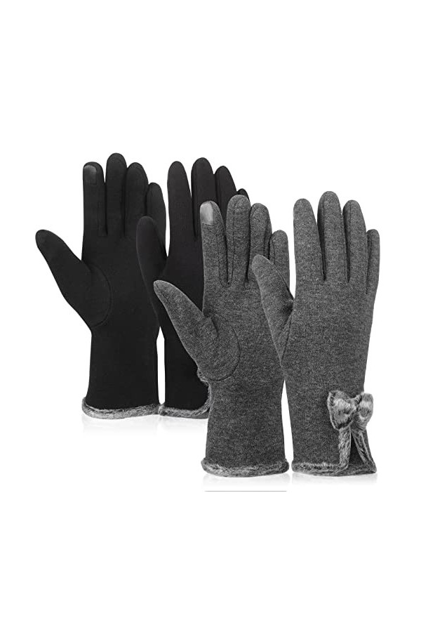 2 Paires Gants Hiver Chauds avec Nud pour Écran Tactile Coupe-Vent Mitaines à Doigts Complets de Conduite, Noir et Gris