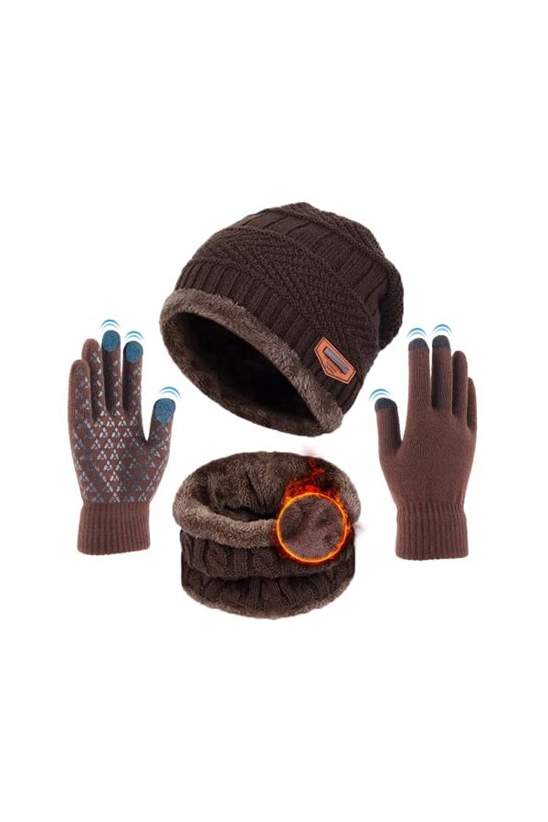 Bonnet Écharpe et Gants à Écran Tactile Homme Femme Ensemble Daccessoires Chauds Dhiver 3en1 [Doublure Molleton Bonnet Tric