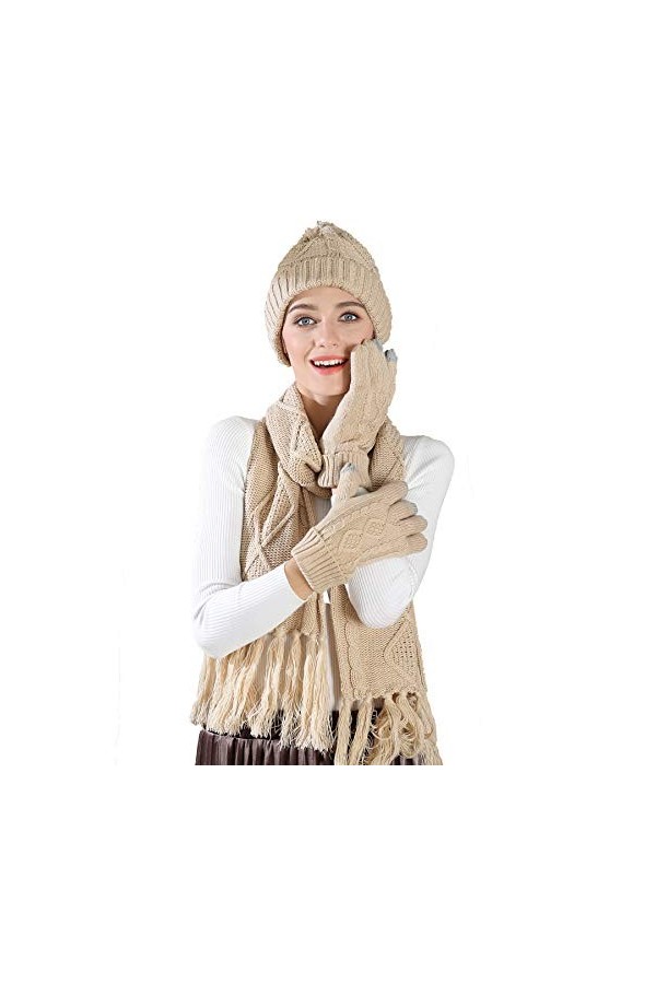 Femmes Ensemble de gants décharpe et de gants Bonnet en tricot Bonnet en maille torsadée Gants pour écran tactile 3 en 1 Cof