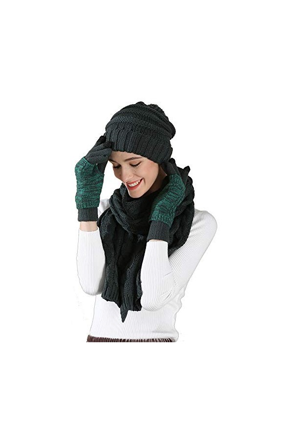 Femmes Ensemble de gants décharpe et de gants Bonnet en tricot Bonnet en maille torsadée Gants pour écran tactile 3 en 1 Cof