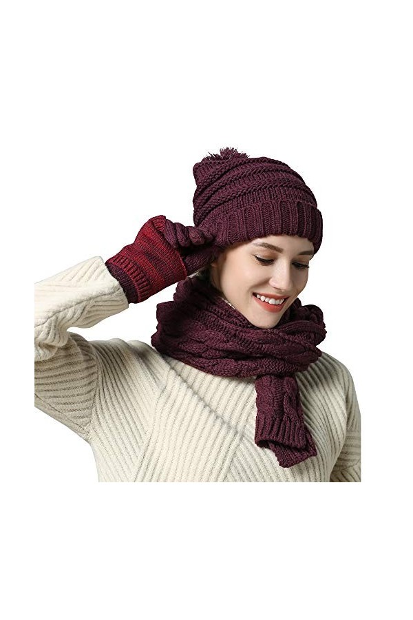 Femmes Ensemble de gants décharpe et de gants Bonnet en tricot Bonnet en maille torsadée Gants pour écran tactile 3 en 1 Cof