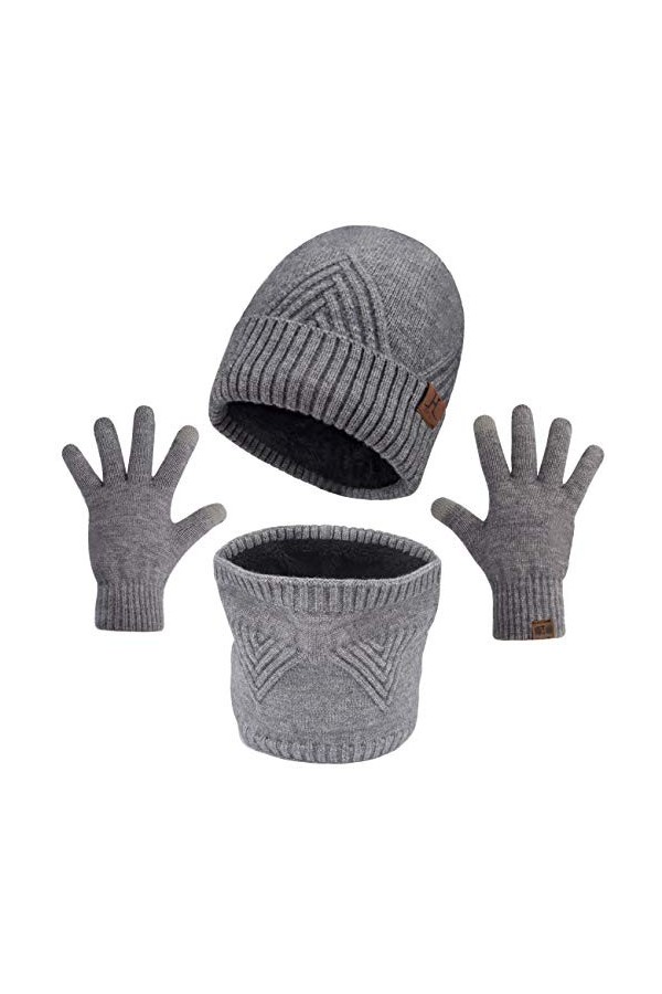 Maylisacc Skullies Bonnet Hiver Ski Cache-Cou et Gants Tactiles Hommes, Ensemble Écharpe Beanie et Gant, Gris Clair