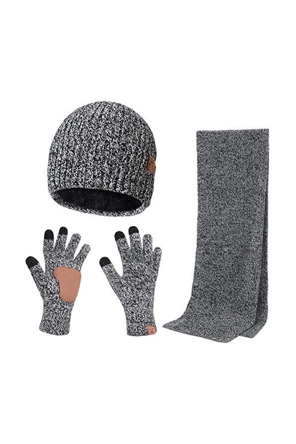 Maylisacc Skullies Bonnet Hiver Ski Cache-Cou et Gants Tactiles Hommes, Ensemble Écharpe Beanie et Gant, Gris Clair