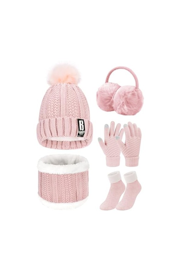 UMIPUBO 5pcs Tricotés Ensemble dhiver Bonnet Chaude Doublure en Polaire Écharpe Femme Chapeau Pompon Des gants Cache-Oreille