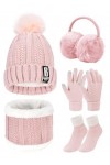 UMIPUBO 5pcs Tricotés Ensemble dhiver Bonnet Chaude Doublure en Polaire Écharpe Femme Chapeau Pompon Des gants Cache-Oreille
