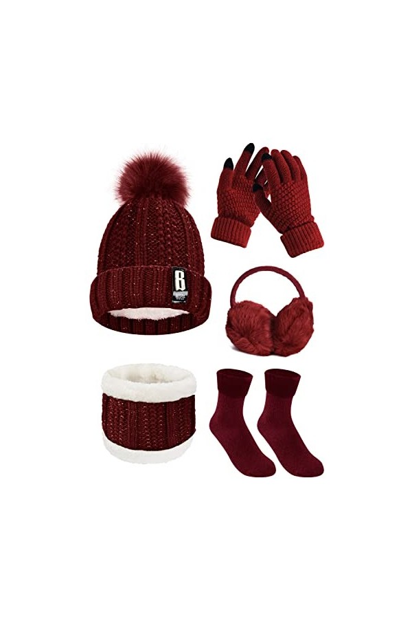 UMIPUBO 5pcs Tricotés Ensemble dhiver Bonnet Chaude Doublure en Polaire Écharpe Femme Chapeau Pompon Des gants Cache-Oreille
