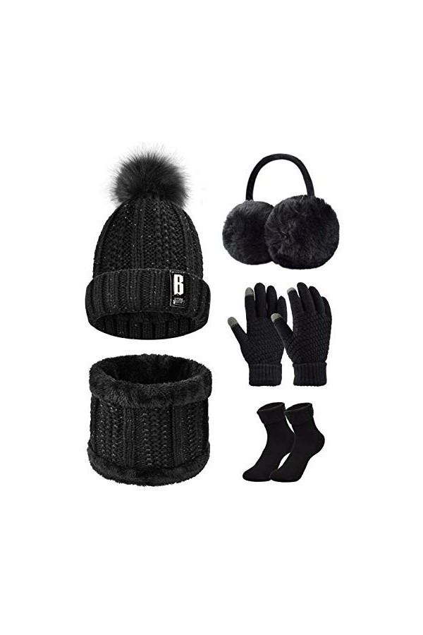 UMIPUBO 5pcs Tricotés Ensemble dhiver Bonnet Chaude Doublure en Polaire Écharpe Femme Chapeau Pompon Des gants Cache-Oreille
