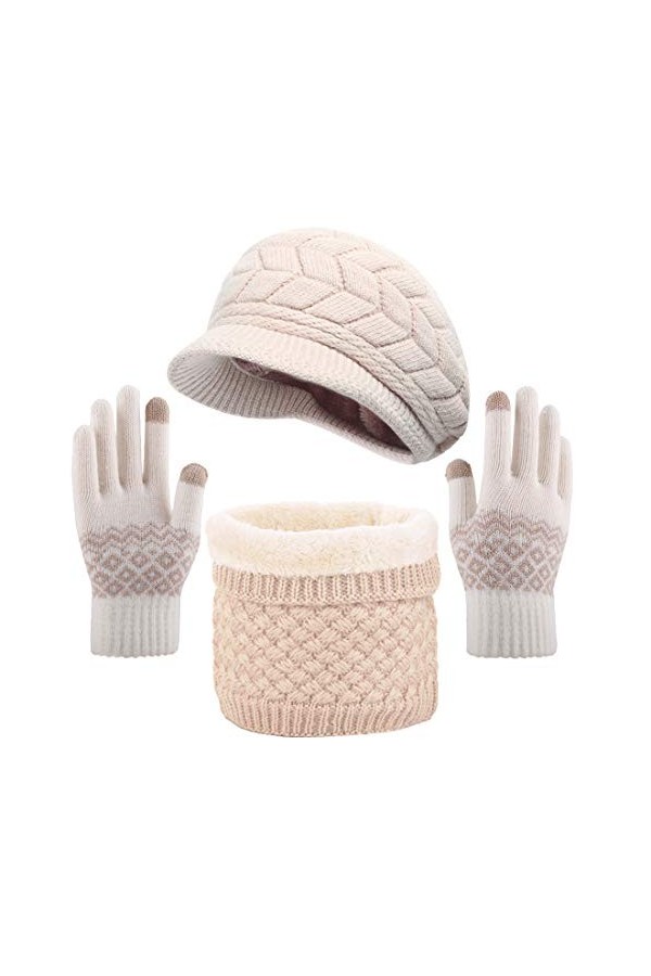 CheChruy Femme Tricoté Béret Écharpe à Boucle Gants 3 Pièces Ensemble Chaud Cache-Cou de Doublure Polaire et Bonnet Tricot Hi