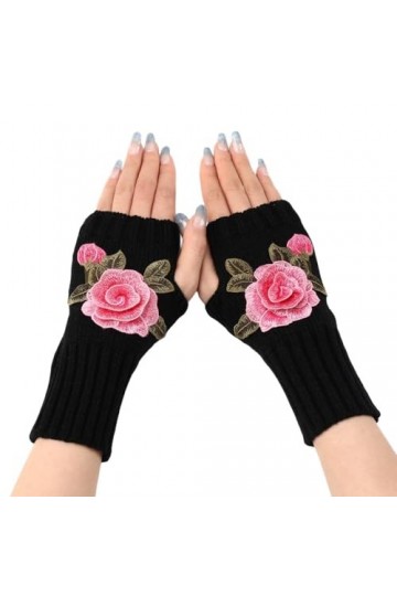 Gants Demi Doigts Pour Femmes Gants Sans Doigts En Tricot Avec Broderie De Pivoine Mitaines Thermiques DHiver Avec Trou Pour