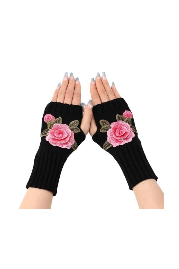 Gants Demi Doigts Pour Femmes Gants Sans Doigts En Tricot Avec Broderie De Pivoine Mitaines Thermiques DHiver Avec Trou Pour