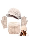 CheChruy Femme Tricoté Béret Écharpe à Boucle Gants 3 Pièces Ensemble Chaud Cache-Cou de Doublure Polaire et Bonnet Tricot Hi