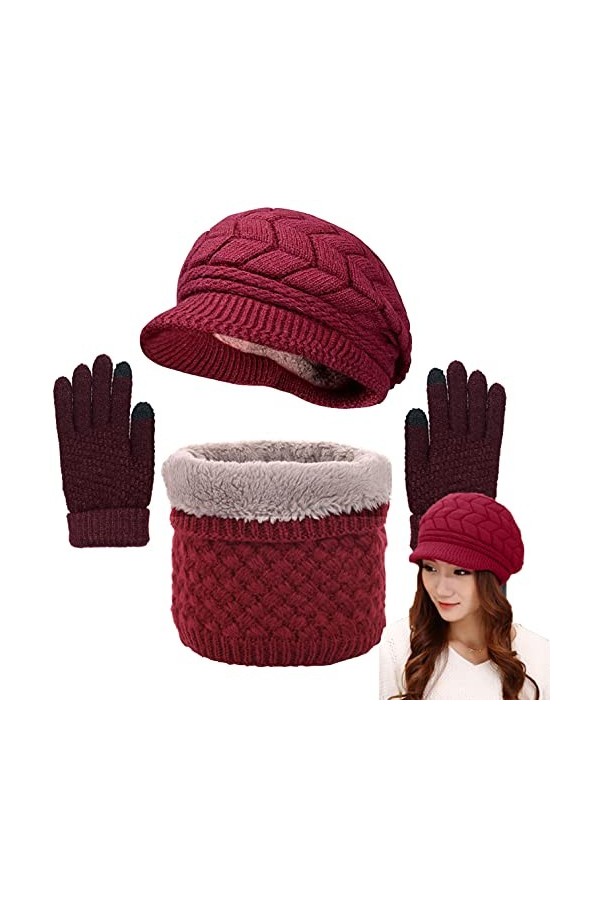 CheChruy Femme Tricoté Béret Écharpe à Boucle Gants 3 Pièces Ensemble Chaud Cache-Cou de Doublure Polaire et Bonnet Tricot Hi