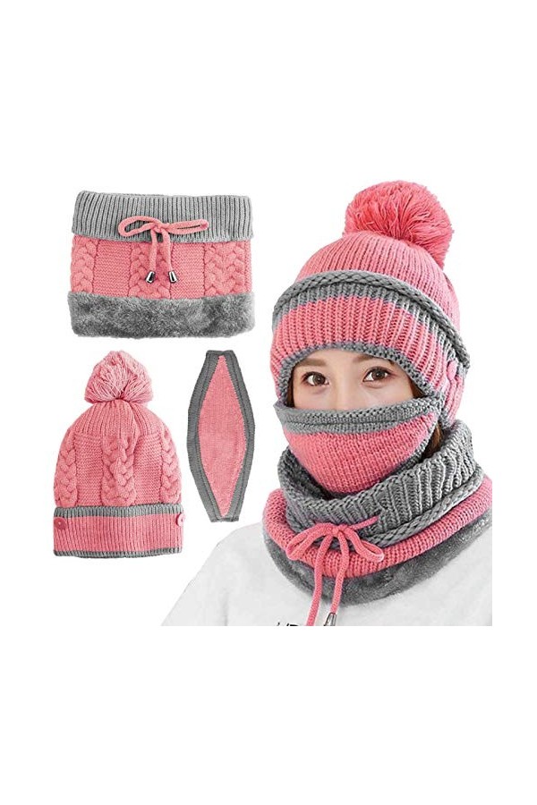 VDSOW Ensemble bonnet et écharpe 3 en 1 pour femme - Rose - Bonnet tricoté - Bonnet dhiver avec doublure en polaire - Bonnet
