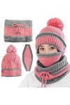 VDSOW Ensemble bonnet et écharpe 3 en 1 pour femme - Rose - Bonnet tricoté - Bonnet dhiver avec doublure en polaire - Bonnet