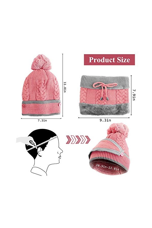 VDSOW Ensemble bonnet et écharpe 3 en 1 pour femme - Rose - Bonnet tricoté - Bonnet dhiver avec doublure en polaire - Bonnet