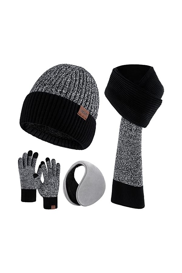Aneco Gants dhiver en tricot pour homme, écharpe, bonnet, cache-oreilles et gants tactiles pour homme et femme, Gris clair e